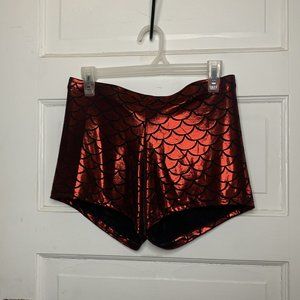 Red Sparkly Mermaid High Waisted Rave Dance Spandex Booty Shorts Size XL